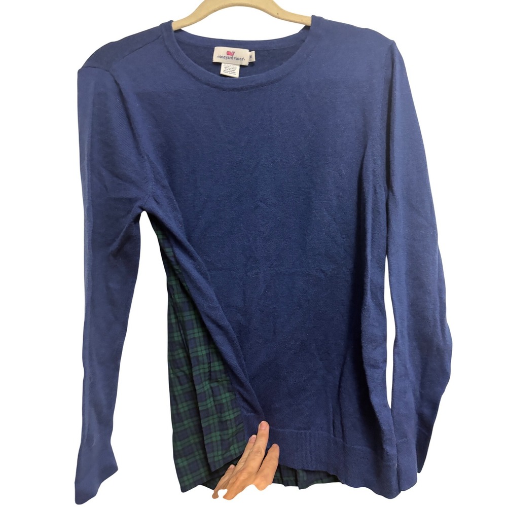 Vineyard Vines Preppy Plaid Back Navy Blue Merino Blend Sweater Medium